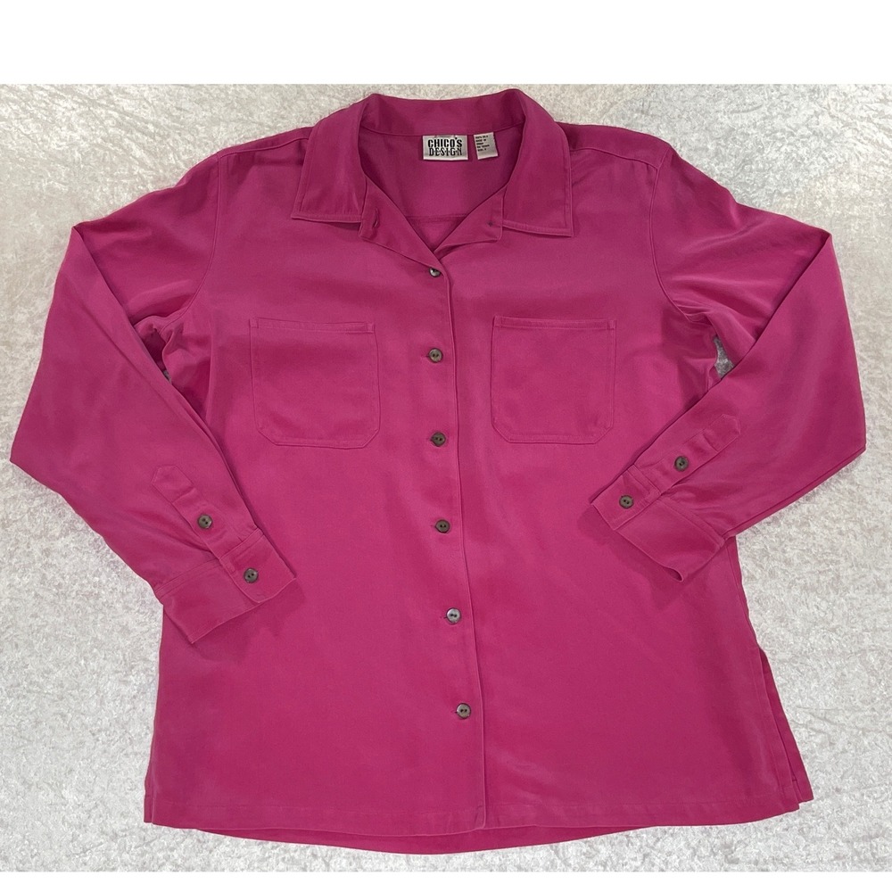 Chico's Design Button Down Shirt Women Size 2 Magenta Silk Long Sleeve Excellent